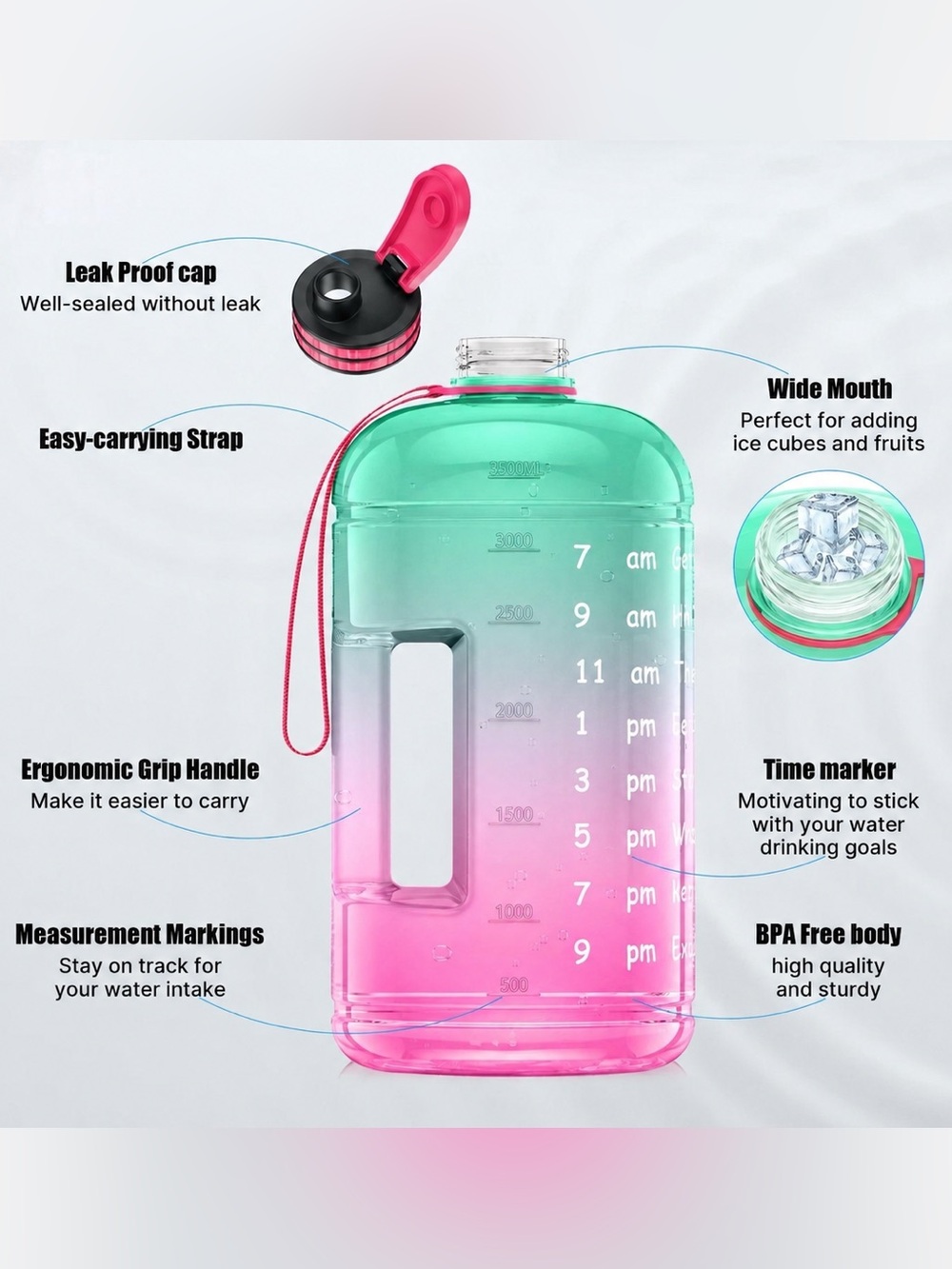 NEW AOMAIS Pink Green 1 Gallon Motivational Time Marker Water Bottle 128 oz. - Picture 2 of 5